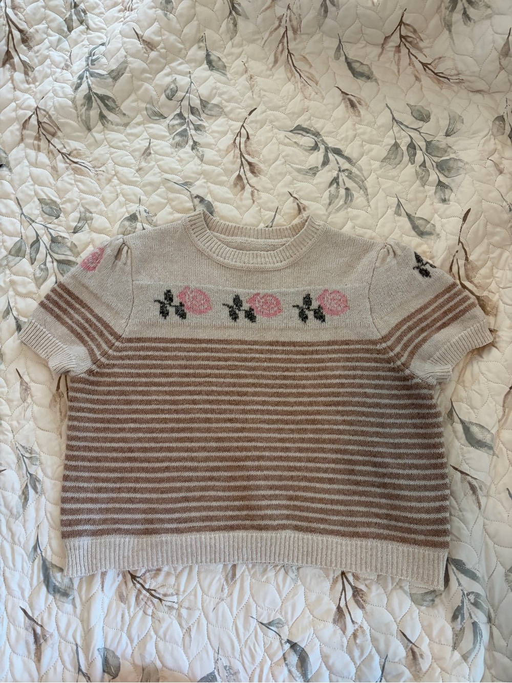 SHEIN Beige Striped Crop Sweater with Pink Rose Embroidery